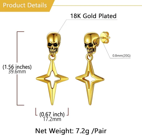 Miniatura 6 de U7 Stainless SteelBlack18K Gold Plated Personalized Gothic Skull Studs Earrings, Snake Stud Earrings, Goat Devil Earrings, Wolf Earrings Halloween
