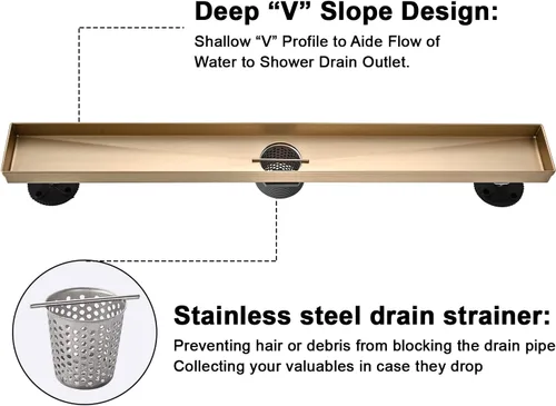 Miniatura 5 de AVSIILE Desagüe lineal de suelo de ducha, kit de drenaje de baño de acero inoxidable 304 de color dorado cepillado de 48 pulgadas, drenaje Oro
