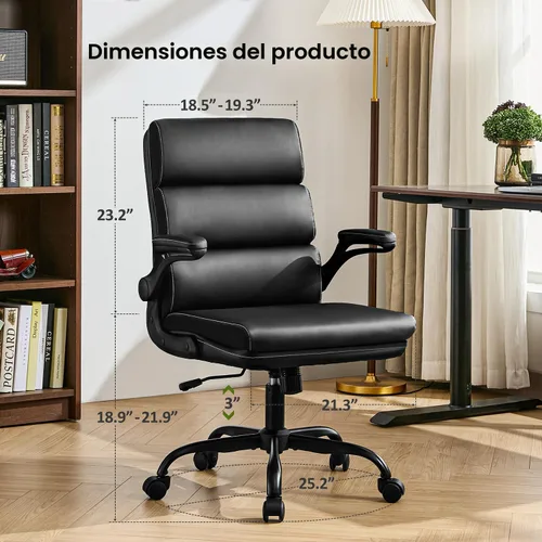 Miniatura 2 de Silla de oficina ajustable con respaldo medio ejecutivo, silla de escritorio cómoda de piel regenerada con soporte lumbar ergonómico para Negro