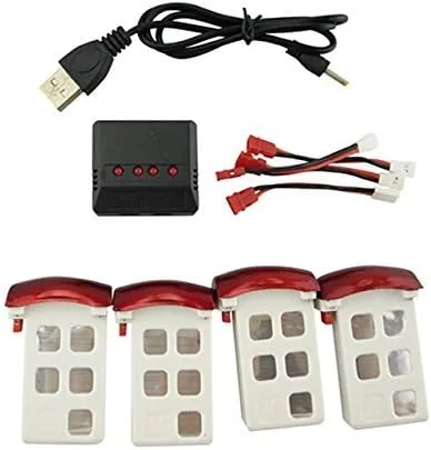 Accesorios 4 baterías de 3.7 V 500 mAh para helicóptero de control remoto SYMA X5UW X5UC, 4 baterías + 1 para 4 cargadores + 4 cables de