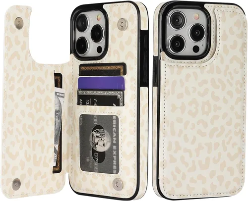 HAOPINSH para iPhone 15 Pro Max Estuche tipo cartera con tarjetero, Estuche trasero de piel PU tipo cartera con estampado de leopardo color crema