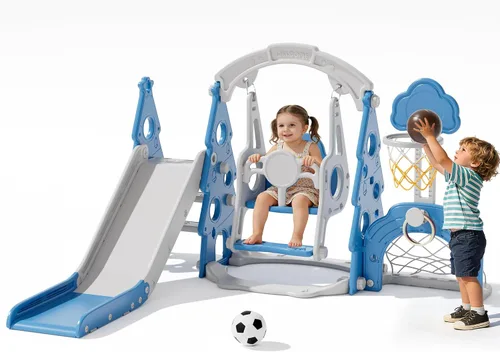 Miniatura 11 de XJD - Juego de tobogán y columpio 6 en 1 para niños pequeños, tobogán para niños de 1 año en adelante, juego de exterior para niños pequeños con aro