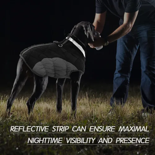 Miniatura 5 de FUAMEY - Abrigo para perro, chaqueta cálida de invierno, acolchada, de vellón, chaleco reflectante con arnés, chaqueta de nieve impermeable con Negro