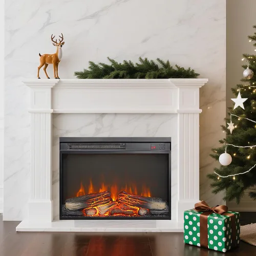 Miniatura 3 de Inserto para chimenea eléctrica de 23 pulgadas, calentador empotrado ultrafino con tronco y llama realistas, brillo de 4 llamas ajustable, control