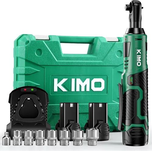 KIMO Juego de Llaves de Trinquete Eléctricas Inalámbricas, 40Ft-lbs, 400RPM, Llave de Trinquete Inalámbrica de 12V 3/8" con Gatillo de Velocidad