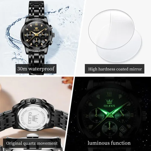 Miniatura 4 de OLEVS Reloj multifuncional de dos tonos para mujer, reloj analógico de cuarzo para mujer, de acero inoxidable, resistente al agua, con diamantes