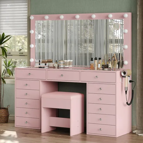 Miniatura 10 de Yanosaku Tocador de maquillaje de 47" con estación de carga, escritorio de maquillaje con 13 cajones con 12 bombillas LED y espejo HD, brillo