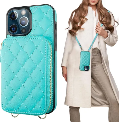 Miniatura 15 de Bocasal Funda tipo cartera con bandolera para iPhone 13 Pro Max, cartera de cuero PU con cierre de cremallera y bloqueo RFID, funda tipo folio