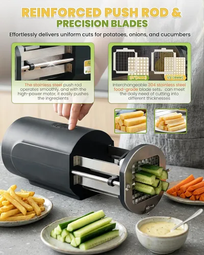 Miniatura 3 de Cortador eléctrico de papas fritas con cuchillas de acero inoxidable de 1/2 y 3/8 pulgadas, bandeja personalizada profesional para cortadores