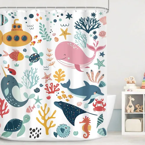 Cortina de ducha para niños, océano, verano, linda ballena de dibujos animados, divertida decoración de baño para guardería, niños y niñas,