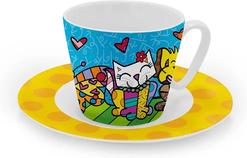 Britto Romero Bone - Taza y platillo de café expreso de porcelana, 3.3 onzas, mejores amigos, diseño de ilustraciones de animales