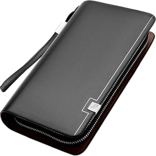 Bolso de mano para hombre, bolso de mano de cuero genuino, con cremallera, cartera larga, para negocios, grande, soporte para teléfono