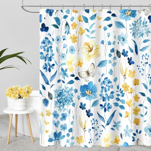 Miniatura 27 de MAYZUS Cortina de ducha con flores azules acuáticas, lindas cortinas de tela con flores para baño, juego de cortinas de tela de aguamarina