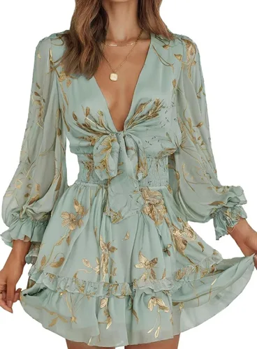 Dokotoo Vestidos cortos de mujer para primavera y otoño 2025, cuello en V profundo, anudado, escalonado, elegantes, de chifón, tipo patinadora
