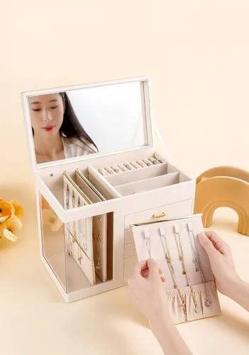 Miniatura 2 de GUKA Joyero organizador con espejo, caja de joyería de 5 capas con 4 cajones para collares, pulseras, reloj, anillos y aretes, almacenamiento grande