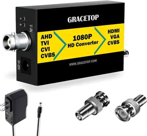 GRACETOP Adaptador convertidor TVI/CVI/AHD a HDMI, Full HD 4K 720P/1080P/3MP/4MP RCA a HDMI Convertidor de video para monitor HDTV DVR, 4 en 1