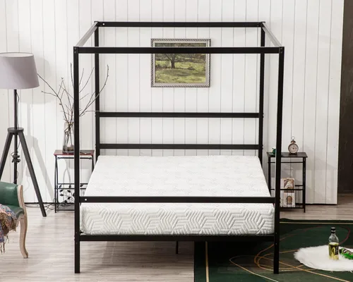 Bonnlo Marco de cama con toldo negro tamaño matrimonial con cabecero, plataforma de metal de 10 pulgadas con 4 carteles, no necesita somier