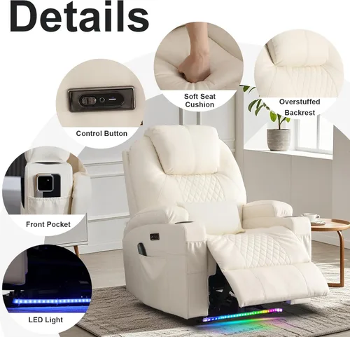 Miniatura 7 de AHMED Silla reclinable eléctrica con masaje por vibración y calor para adultos, asiento de cine en casa de piel sintética con portavasos, luces LED
