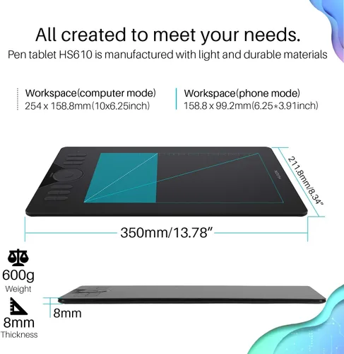 Miniatura 5 de HUION Tableta de Dibujo HS610 Tableta Gráfica con Lápiz Óptico Sin Batería 8192 Presión del Lápiz Función de Inclinación, 10x6.25 Pulgadas Arte