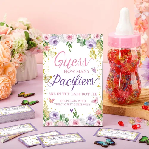 Miniatura 2 de Syhood Butterfly Baby Shower Games Guess How Many Chupetes Cartel de juego 50 pequeños juegos de adivinanzas, 20 lápices HB, botella de leche