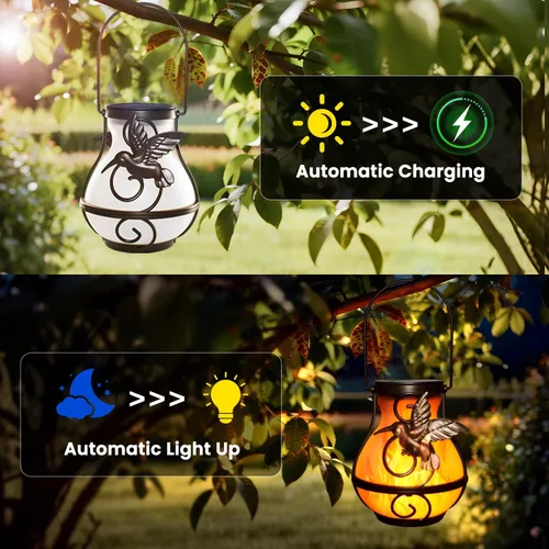 Miniatura 6 de Paquete de 2 linternas solares para colgar en el exterior, luces solares de jardín al aire libre impermeables con llama parpadeante, linterna LED