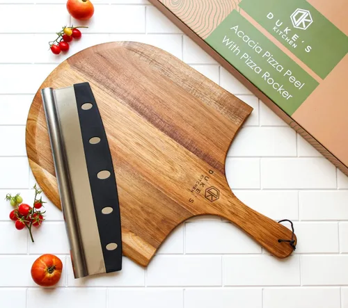 Juego de cortadores de pizza de acacia prémium (extra grande) y cuchilla basculante, pelar pizza de 16 pulgadas, paleta de pizza de madera gourmet,