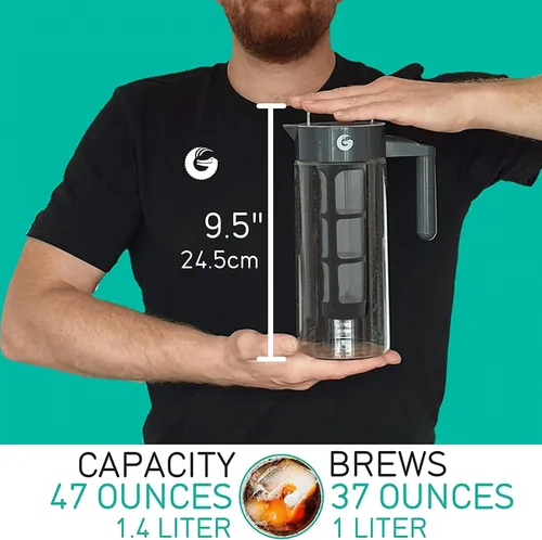 Miniatura 5 de Coffee Gator Cafetera de café frío de 47 onzas, cafetera helada y jarra con jarra de vidrio de borosilicato, filtro, color negro