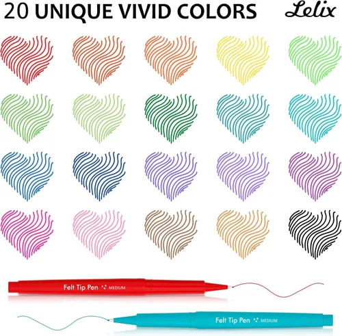 Miniatura 3 de Bolígrafos de punta de fieltro de 20 colores, bolígrafos de punta media, bolígrafos de colores surtidos Lelix para diario, escribir, tomar notas