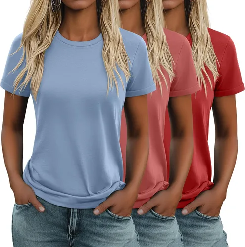 Miniatura 7 de Huukeay Paquete de 3 camisetas de algodón para mujer, estilo casual, de manga corta, cuello redondo, ajuste holgado, básica, lisa