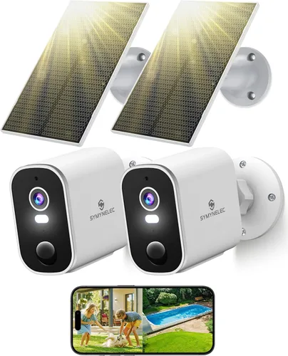 SYMYNELEC Cámaras de seguridad solar 2K inalámbricas para exteriores, paquete de 2, sin tarifa mensual, sistema de seguridad para el hogar con