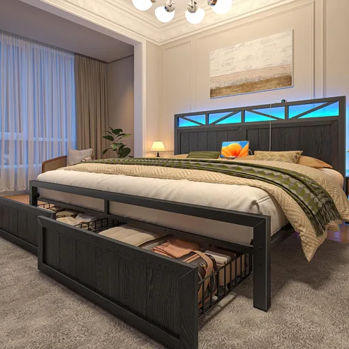 EnHomee Marco de cama King de metal con 2 cajones de almacenamiento, cabecera de madera con iluminación LED y estación de carga, dormitorio, Negro