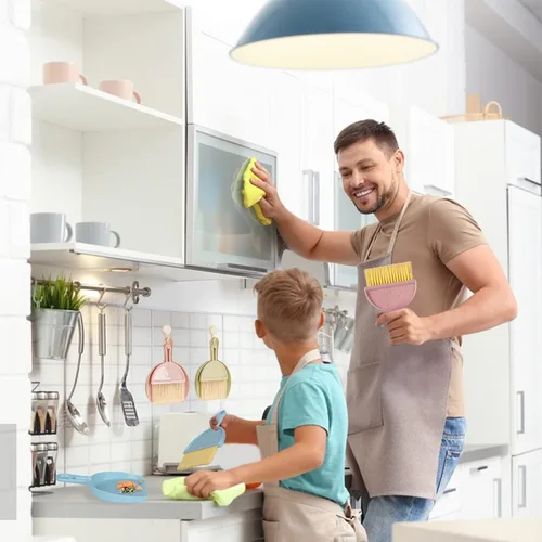 Miniatura 2 de Juego de 3 piezas de mini escoba y recogedor para el hogar, automóvil, cocina, mesa, niños, cerdas de plástico duraderas, de mano, colgables, 3