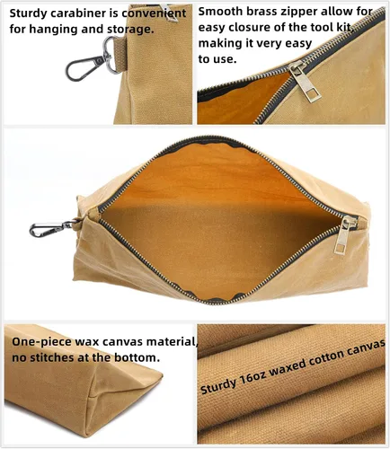 Miniatura 3 de Bolsa de herramientas de lona encerada, bolsa de herramientas resistente con cremallera suave y bolsa multiusos con mosquetón Caqui/Azul/Verde