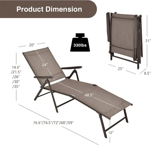 Miniatura 3 de Giantex Sillón de patio plegable, tumbona para tomar el sol al aire libre con respaldo de 5 posiciones, reposapiés de 2 posiciones, marco de acero