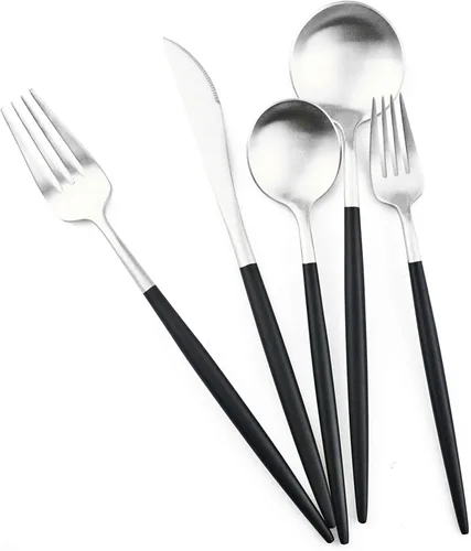 Juego de cubiertos de lujo, 20 piezas de acero inoxidable 18/10 con mango negro mate para 4 personas, incluyendo tenedores, cucharas, cuchillos,