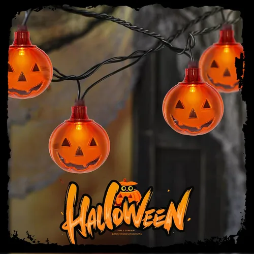 Miniatura 6 de Luces LED de calabaza de Halloween para exteriores, 8.5 pies, luces decorativas de Halloween con 10 luces LED transparentes de calabaza naranja