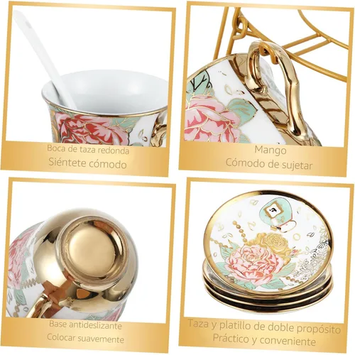 Miniatura 7 de Zhehao Juego de té de porcelana de 20 piezas con soporte de metal y cuchara para adultos, juego de té de cerámica para adultos, pintura de flores