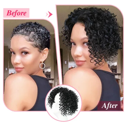 Miniatura 5 de Peluca de cabello corto afro natural rizado con flequillo, pelucas sintéticas con clip negro, para hombres y mujeres, con cabello delgado, volumen