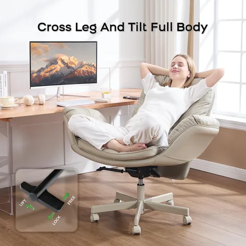 Miniatura 5 de amseatec Silla cruzada con reposabrazos y ruedas para sentarse con patas cruzadas, cómoda silla de escritorio giratoria ajustable para oficina, Crema