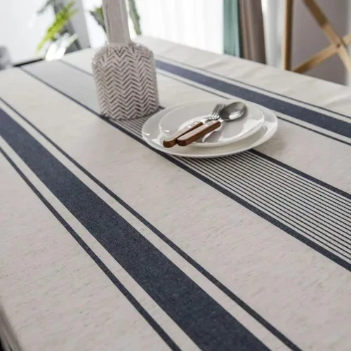 Miniatura 2 de ArtBud Mantel blanco y azul de lino de algodón, suave, lavable, para fiestas, café, cocina, decoración de rayas