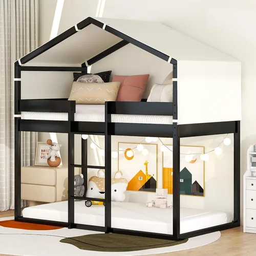 P PURLOVE Litera individual sobre individual con tienda de campaña, litera de madera con diseño de techo, cama de casa de juegos para niños, niñas,