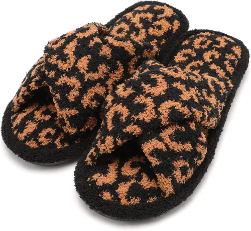 MIRMARU Pantuflas de casa con estampado de animales para mujer, cómodas, mullidas, con puntera abierta, banda cruzada, para interiores y exteriores,