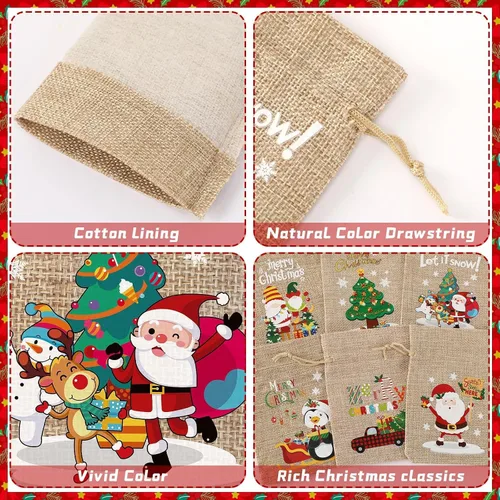 Miniatura 3 de JUNEBRUSHS Bolsas de arpillera de Navidad con cordón, paquete de 20 bolsas de regalo de Navidad, bolsas de golosinas, lindas bolsas de regalo