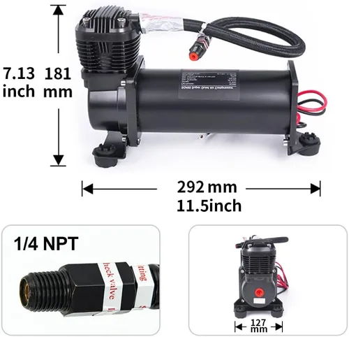 Miniatura 3 de Compresor de aire ultra silencioso, 1/4 NPT, súper silencioso, 69 dB, 12 V, compresor de suspensión de aire de 300 PSI para tren/camión/coche, negro