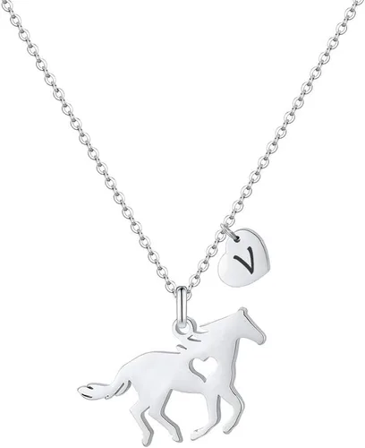 Miniatura 18 de MONOOC Collar de regalo para niñas con colgante de caballo - Collar de caballo delicado de acero inoxidable con corazón, 26 iniciales de la A a la Z
