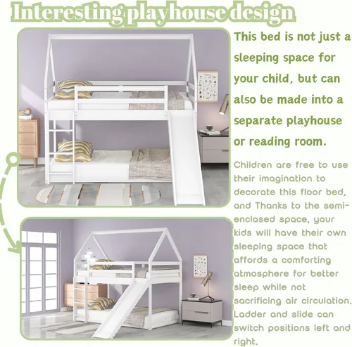 Miniatura 4 de Harper & Bright Designs - Litera de casa individual sobre cama individual con tobogán para niños y niñas, litera de piso de madera con techo y Gris