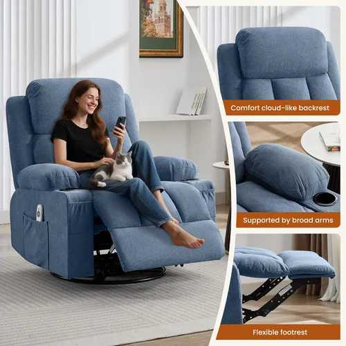 Miniatura 3 de Silla reclinable giratoria con masaje por vibración y calor, reclinable de 150° y balanceo suave, capacidad de 350 libras con bolsillo lateral