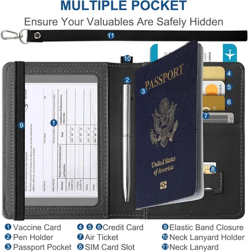 Miniatura 2 de ELASND Soporte para pasaporte para viaje con cordón para el cuello, funda de pasaporte con bolígrafo, cartera de pasaporte con bloqueo RFID