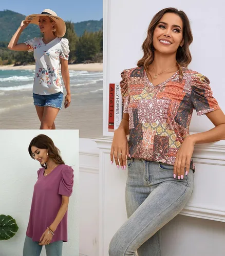Miniatura 4 de Anydeer Blusa holgada de verano con mangas abombadas para mujer, estilo casual, cuello en V, sin botones