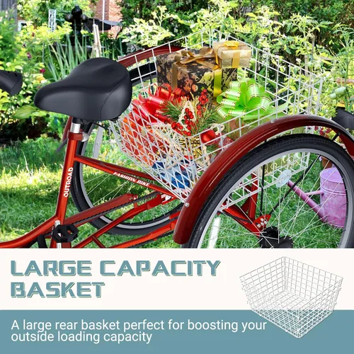 Miniatura 5 de Triciclo de 7 velocidades para adultos, triciclo Cruiser de 24 pulgadas con cesta grande para mujeres, hombres y personas mayores, bicicleta de 3